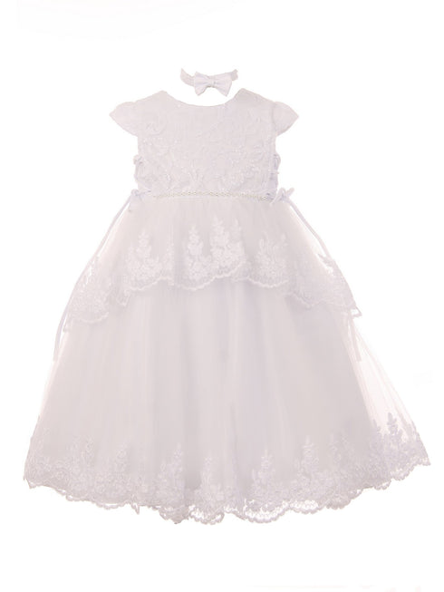 Rain Kids Little Girls White Cap Sleeve Floral Sequined Baptism Dress 2-6 - SophiasStyle.com